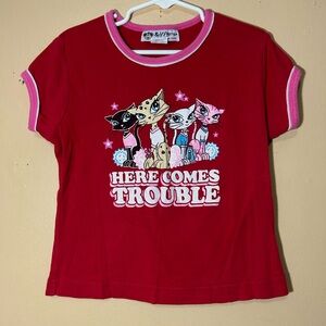 Y2K Self Esteem Glitter Cat Graphic “Here Comes Trouble” Ringer T-Shirt Kids Sm